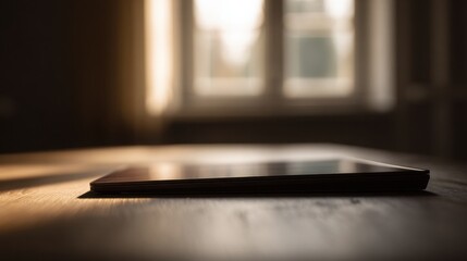 organized. Minimalist workspace featuring a closed device on a wooden table, exuding calm and productivity in warm tones. lifestyle magazines.