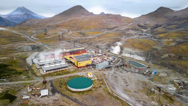 Mutnovskaya geothermal power plant in Kamchatka, Russia. The station generates electricity from geothermal steam and fumaroles in a volcanic area of the Far East.