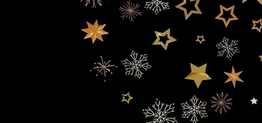 Elegant winter design with gold stars and snowflakes on black. Perfect for Christmas, New Year, and holiday themes.