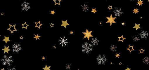Beautiful holiday background with gold stars and snowflakes on black. Perfect for Christmas, New Year, and winter designs.