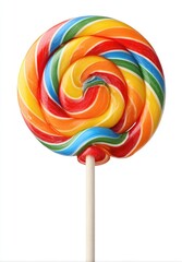 A vibrant, multicolored swirl lollipop on a white background.  The candy is a classic spiral design with red, orange, yellow, green, and blue stripes