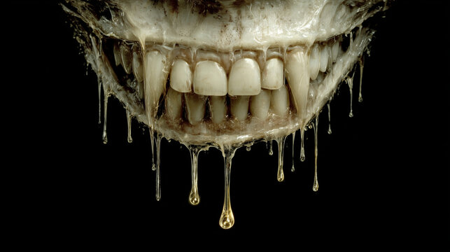 Terrifying Grinning Mouth with Dirty Teeth and Dripping Slime &ndash; Horror Concept with Monstrous Jaw and Dark Background
