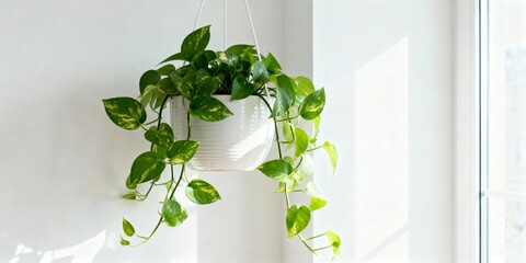 Obraz premium Vibrant green pothos plant in white ceramic hanging planter against white wall in sunlit apartment