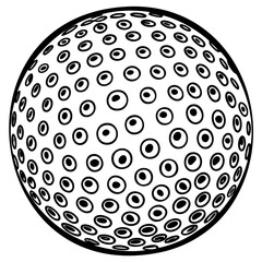 Detailed black and white geometric sphere with repeating circular pattern and dots, abstract design
