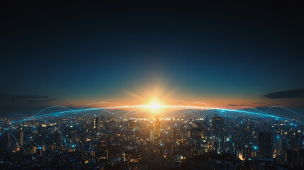 Fototapeta premium Sunshine in the Smart digital Innovation city with connection network reciprocity over the cityscape. of future smart wireless digital city and social media networking systems that connects