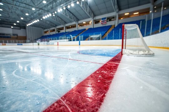Close-up view of an empty indoor ice hockey rink surface with red and blue game lines, textured frozen ice, goal net background, smooth surface, winter sports competitive atmosphere.