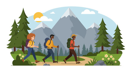 Three hikers with backpacks walking on a trail with mountains background, pine trees and green grass. Concept for adventure lifestyle, outdoor recreation and travel promotion