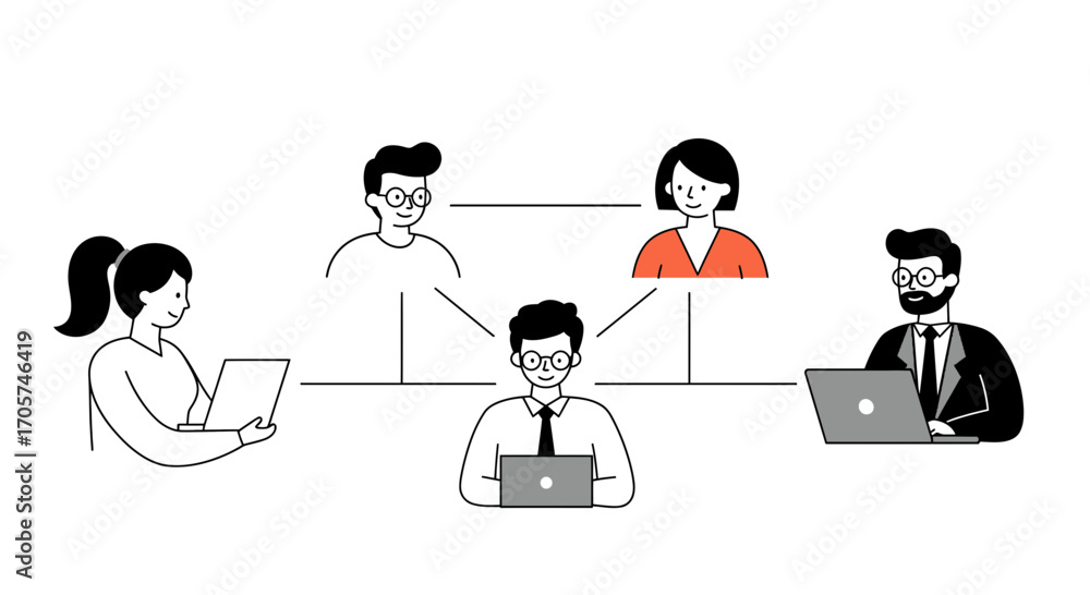 Poster minimalist illustration of diverse people connecting with laptops in a network diagram, showing coll
