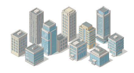 Isometric illustration of various city buildings and skyscrapers on white background. Concept for urban planning, architectural visualization and real estate development