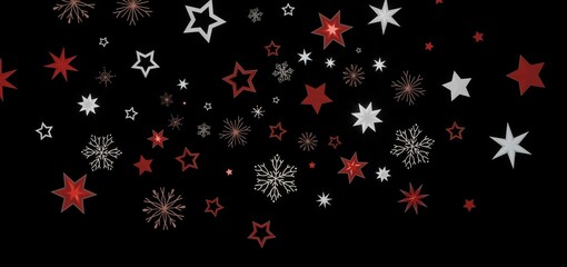 Festive holiday background with red and white stars and snowflakes on a black backdrop. Perfect for Christmas, winter, or celebration designs.