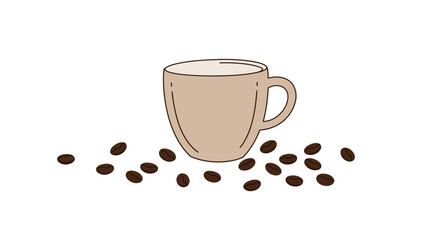 Obraz premium Minimalist illustration of a beige coffee cup with scattered roasted coffee beans on a white backdrop, concept for cafe menu design, coffee product promotion and morning beverage advertisement