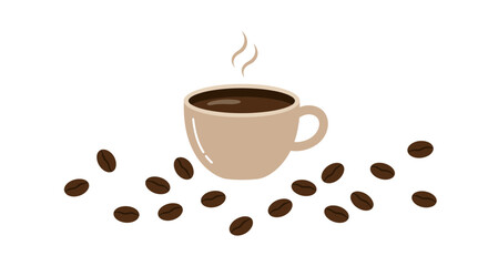 Vector illustration of a steaming coffee cup with scattered coffee beans on white background, concept for cafe menu design, morning beverage advertising and coffee shop promotion