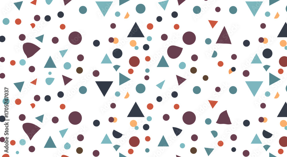 Poster abstract geometric seamless pattern with colorful circles and triangles on a white background, conce