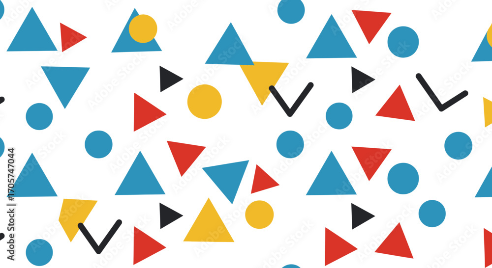 Poster colorful geometric seamless pattern with circles, triangles and lines scattered on white backdrop. c
