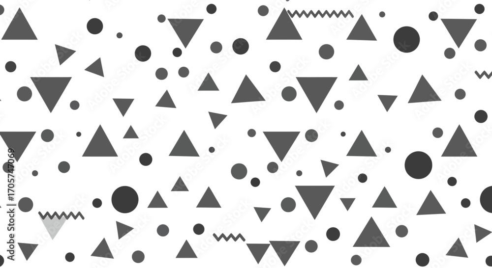 Poster monochrome geometric pattern with triangles, circles and zigzags scattered randomly on white. concep