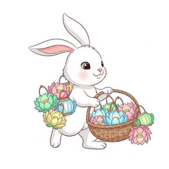 Cute bunny carrying a delightful basket of colorful lotus flowers perfect for invitations or springtime promotions