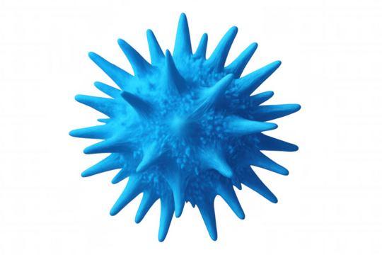 Microscopic view of a blue virus cell rotating, with transparent background, ideal for scientific or medical projects