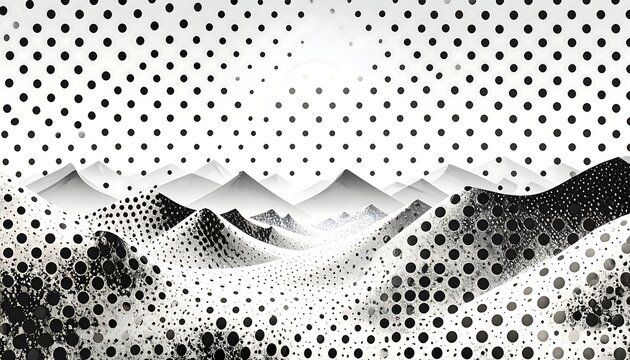 Abstract monochrome landscape with textured mountains and dotted pattern