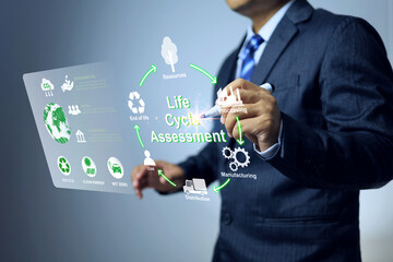 Life cycle assessment LCA concept with businessman writing on virtual screen to manufacturing the products cycle footprint from start to end process for zero carbon dioxide within 2050
