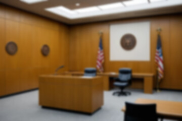 Blurred background of the interior of a modern courthouse, there is a judge's table and a suspect's seat in the room, bright light, no people.