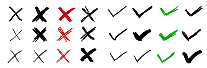 illustration: hand-drawn set of cross and check mark symbols isolated on white or transparent png