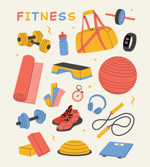 Fitness collection with cute workout equipment. Vector illustration of dumbbells, mat, sneakers, water bottle, ball, rope, kettlebell and sports set accessories. Isolated on white background.