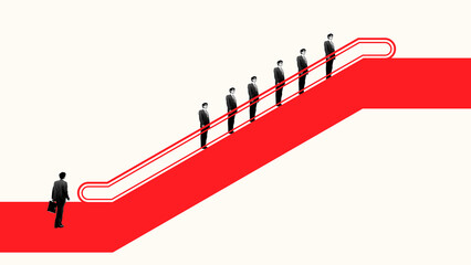 Contemporary composition. Businessman facing escalator of identical men symbolizing conformity and choice. Concept of career challenge, individuality, inclusion, and social pressure.