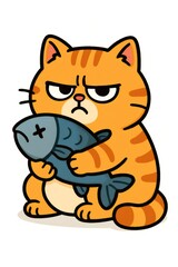 Grumpy orange tabby cat tightly holding a big dead fish with an angry expression, funny pet concept