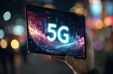 Hand holds a tablet displaying "5G" overlaid on an abstract, colorful cityscape with blurred lights in the background creating a bokeh effect