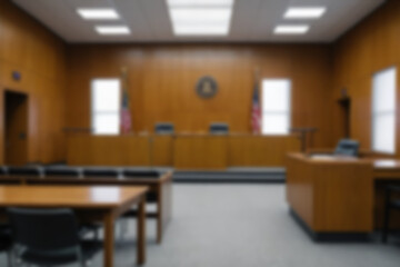 Blurred background of the interior of a modern courthouse, there is a judge's table and a suspect's seat in the room, bright light, no people.