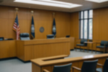 Blurred background of the interior of a modern courthouse, there is a judge's table and a suspect's seat in the room, bright light, no people.