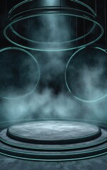 Circular, tiered platform with teal neon accents, illuminated by a spotlight amidst ethereal teal smoke in a dark, industrial setting