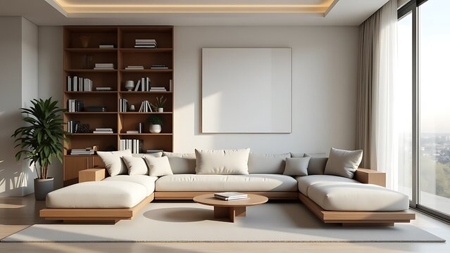 Bright and contemporary living room interior featuring a comfortable L-shaped sectional sofa, sleek wooden bookshelf, minimalist decor, and a large blank canvas, illuminated by abundant natural light