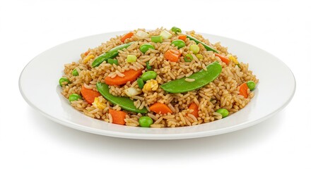 Savory Fried Rice with Colorful Vegetables on White Plate