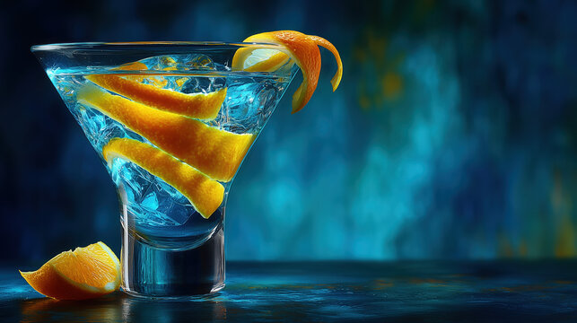 Blue martini cocktail with orange peel garnish and ice - Powered by Adobe
