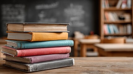 Stack of vintage books on a wooden table with a blurry classroom in the background