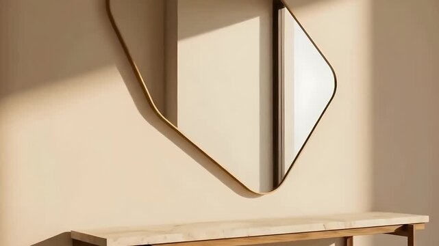 Minimalist home interior featuring an elegant, organically shaped mirror with a brass frame over a console table, bathed in warm natural light and soft shadows