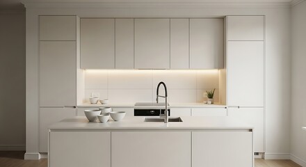 Modern kitchen design minimalist style with bright cabinetry and island for cooking and food preparation