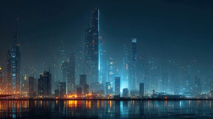 Futuristic City Skyline at Night with Glowing Lights and Reflections on Water
