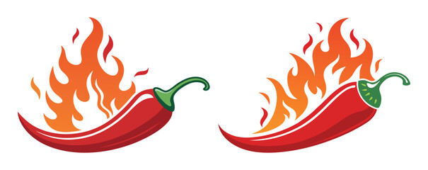 Burning Hot Chili Pepper  Vector Illustration with Flames.