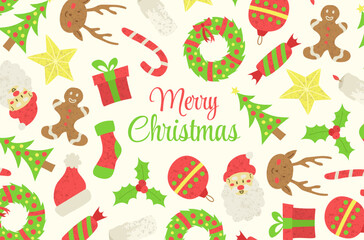 Colorful Christmas background with gingerbread, candy, socks, star, candle, Santa Claus, Christmas decoration, reindeer, Christmas bauble, hand drawn, text: Merry Christmas.