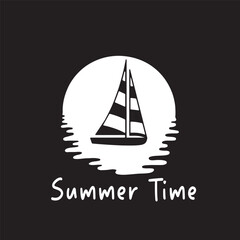 Silhouette of a Boat on the Ocean with Hand-Drawn Waves