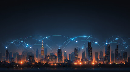 Sunshine in the Smart digital Innovation city with connection network reciprocity over the cityscape. of future smart wireless digital city and social media networking systems that connects