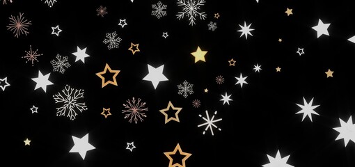 Festive background with gold and white stars and snowflakes on black. Perfect for winter holidays.