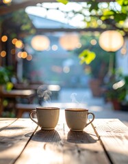Two steaming cups of coffee on a rustic wooden table, bathed in sunlight, with a soft-focus outdoor setting in the background.