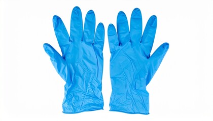Fototapeta premium Render a pair of blue disposable gloves made of nitrile or latex, laid flat with palms facing upward, left and right hands aligned, isolated on white background, emphasizing hygiene and protective cla