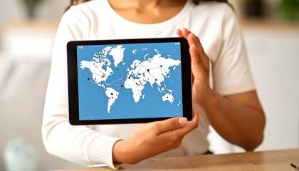 A person holds a tablet showing a world map with connected dots, possibly representing data or travel routes. The hands and torso are visible