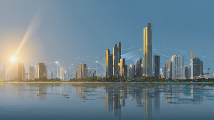 Obraz premium Sunshine in the Smart digital Innovation city with connection network reciprocity over the cityscape. of future smart wireless digital city and social media networking systems that connects