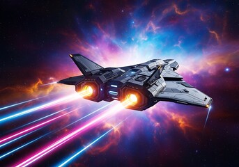Futuristic spaceship with glowing engines and colorful light trails flying through a vibrant nebula in deep space, science fiction concept art