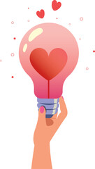 Hand holding light bulb with red heart design. Love light bulb design.